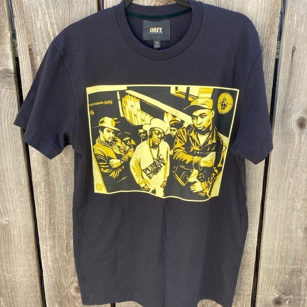 Men's Obey Premium Black Public Enemy Gold T-Shirt M Crew 90s Rap Hip Hop Street